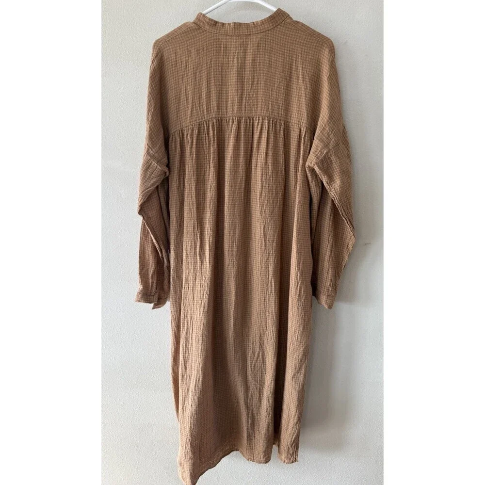 Eileen Fisher Women’s Dress Button Up Brown Orange Plaid Long Sleeve Midi Slits - Picture 6 of 6